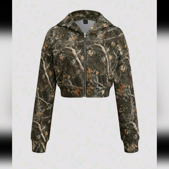 Autumn/Winter Branch & Leaf Print Cropped Zipper Front Hoodie Sweatshirt Casual - Picture 1 of 4